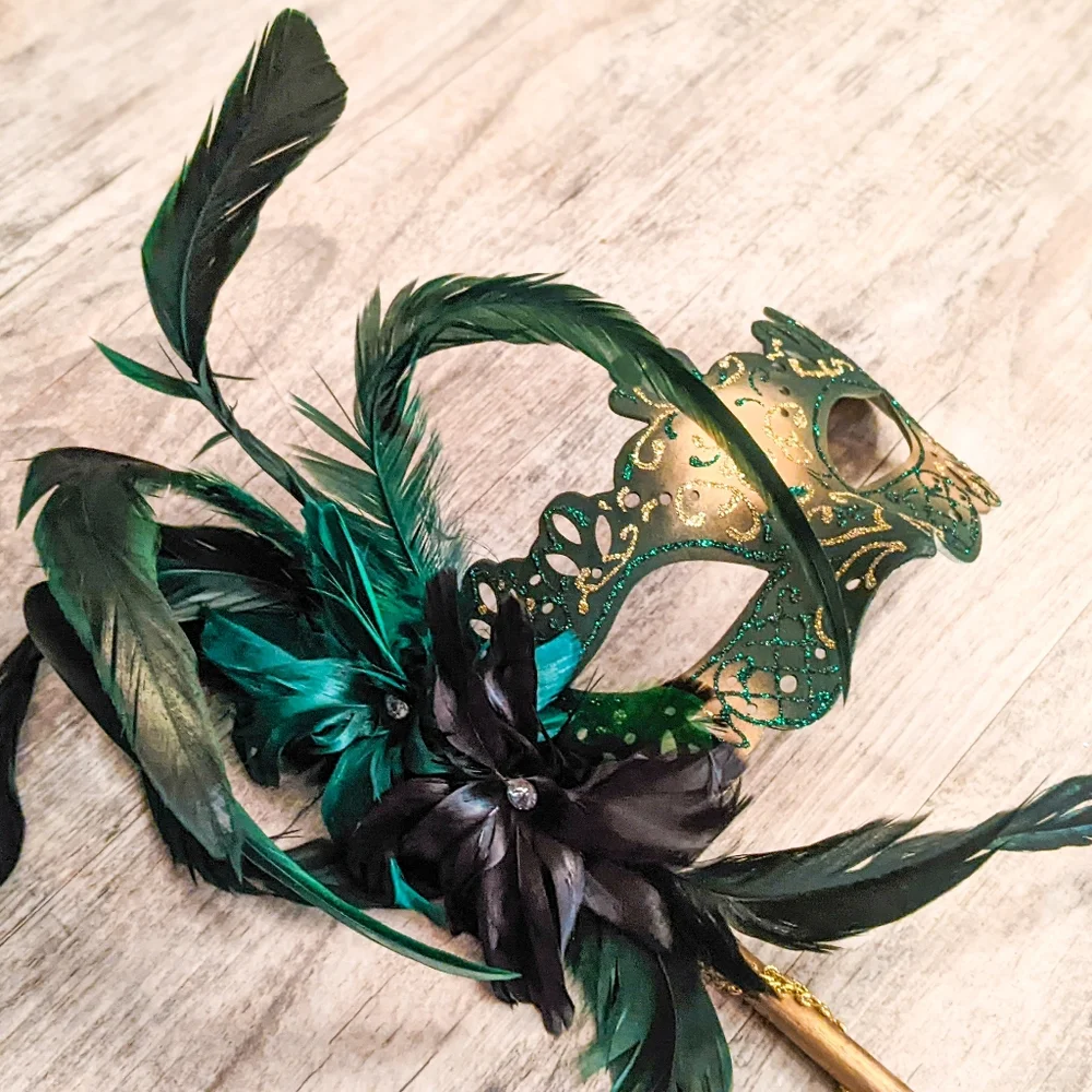 Venetian Cat Eye Ladies Masquerade Ball Mask on a Stick in Dark Emerald Green - Picture 2 of 6